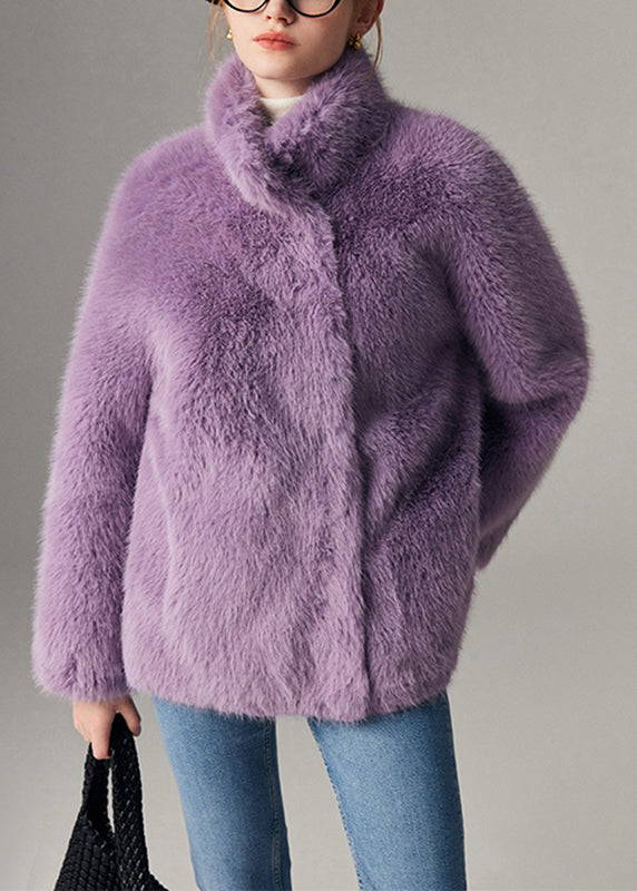 Women Purple Stand Collar Solid Leather And Fur Coats Winter