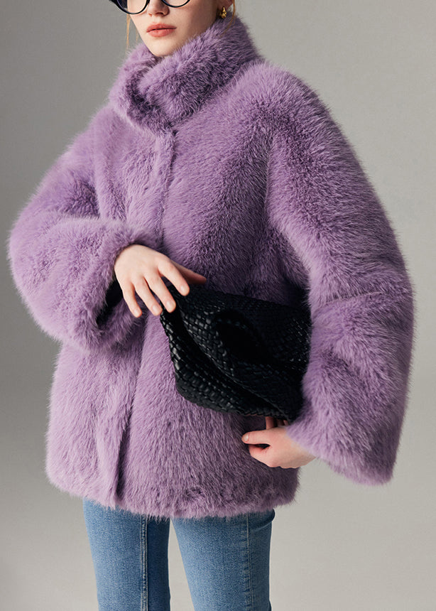 Women Purple Stand Collar Solid Leather And Fur Coats Winter