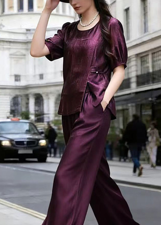 Women Purple Top And Wide Leg Pants Silk Two Piece Set Summer