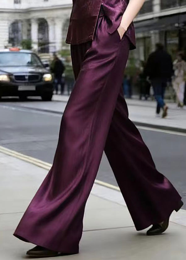 Women Purple Top And Wide Leg Pants Silk Two Piece Set Summer