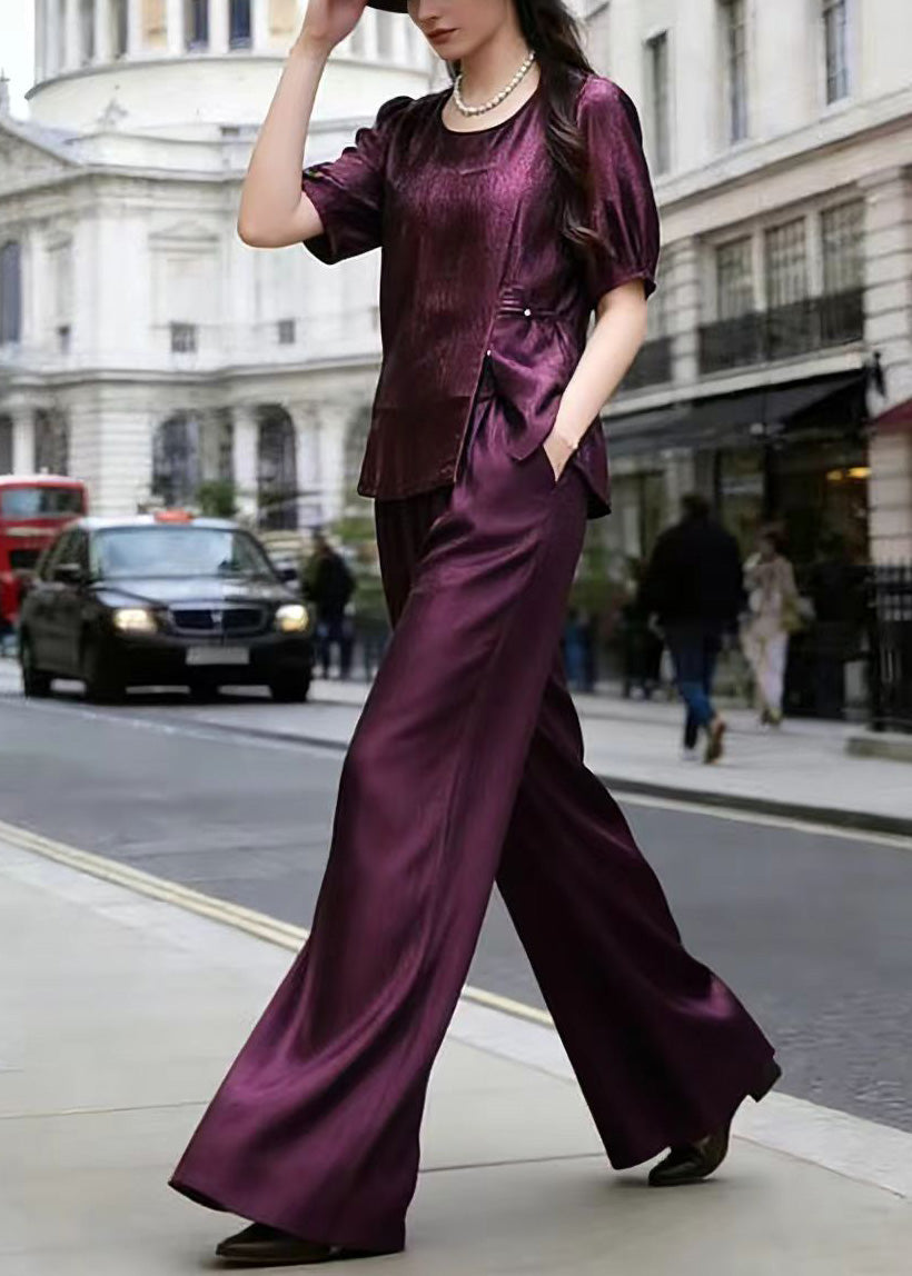 Women Purple Top And Wide Leg Pants Silk Two Piece Set Summer