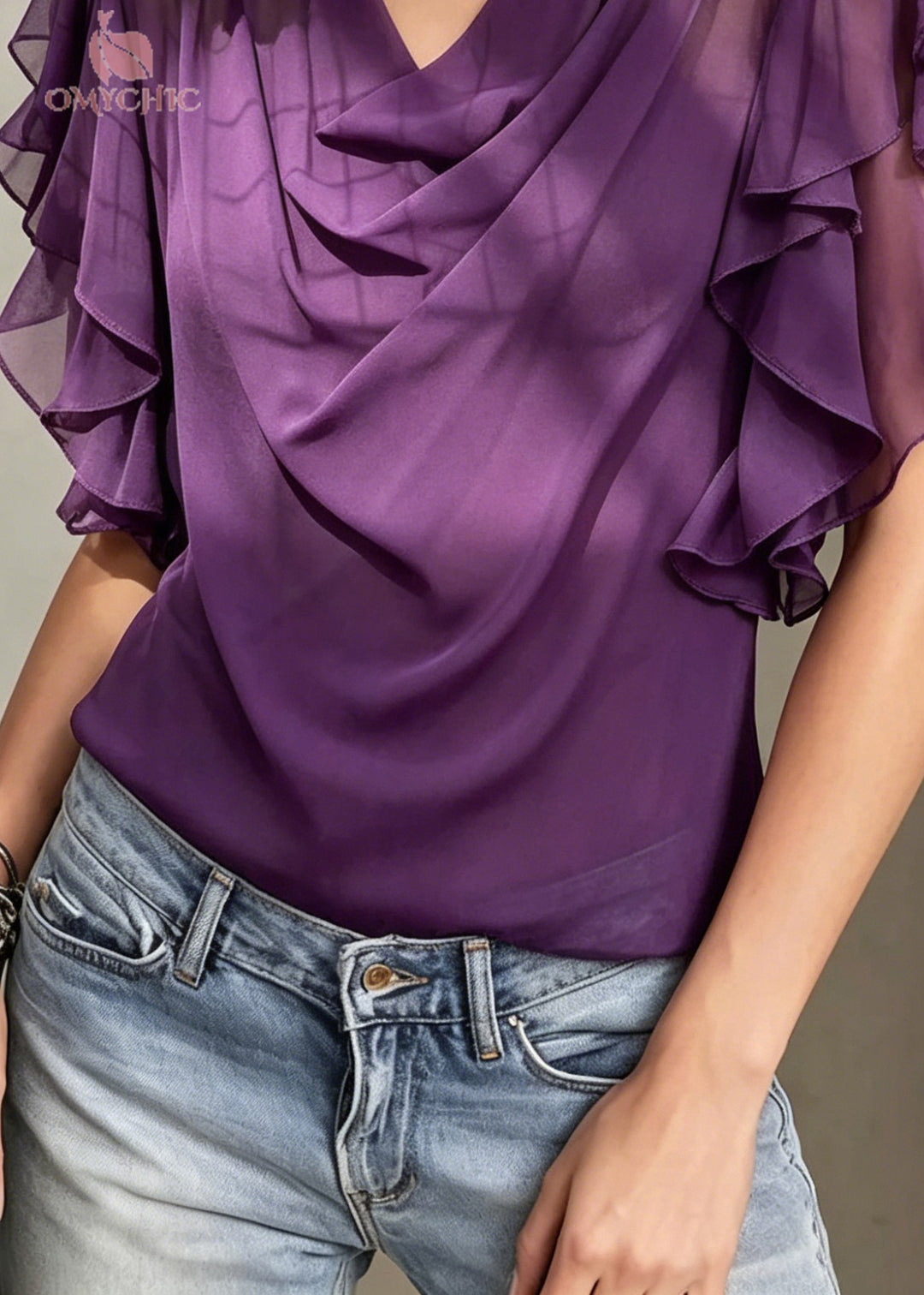 Women Purple Turtle Neck Floral Chiffon Shirts Butterfly Sleeve