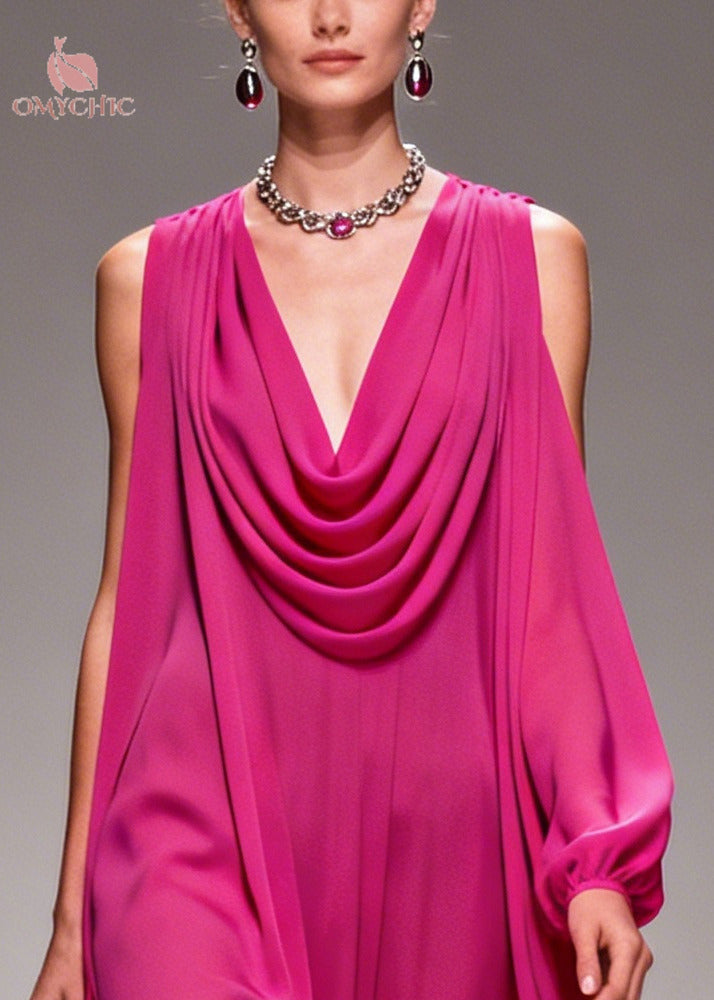Women Purple Turtle Neck Floral Chiffon Vacation Dresses Summer