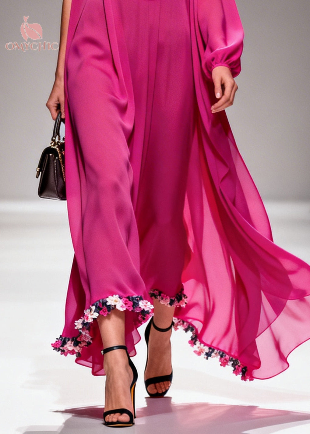 Women Purple Turtle Neck Floral Chiffon Vacation Dresses Summer