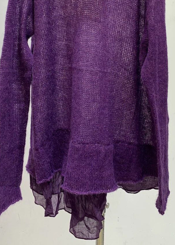 Women Purple Turtleneck Hollow Out Solid Knit Sweaters Fall