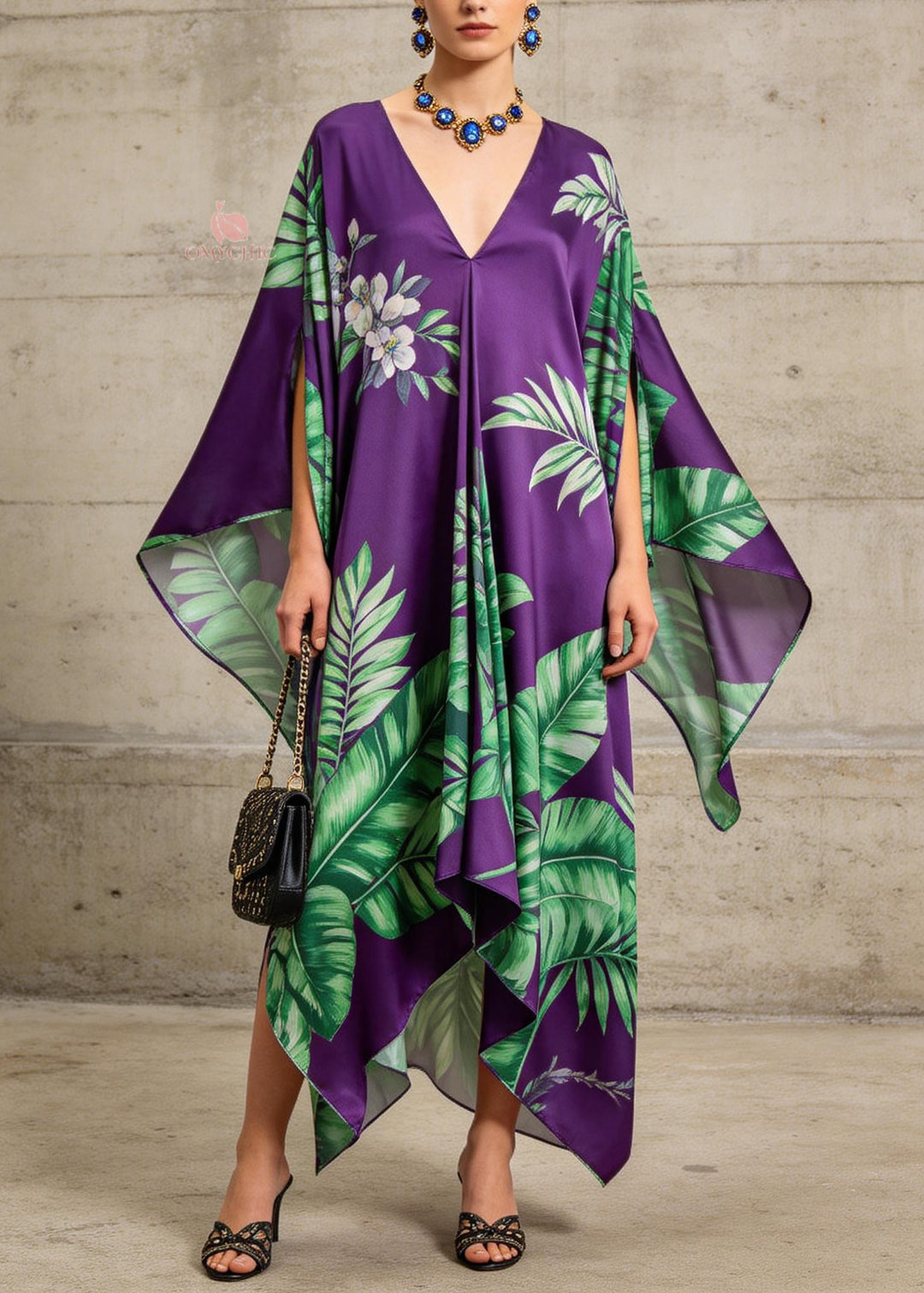 Women Purple V Neck Asymmetrical Design Print Chiffon Dress Summer - Omychic