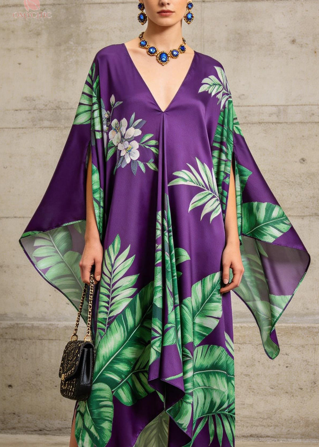 Women Purple V Neck Asymmetrical Design Print Chiffon Dress Summer - Omychic