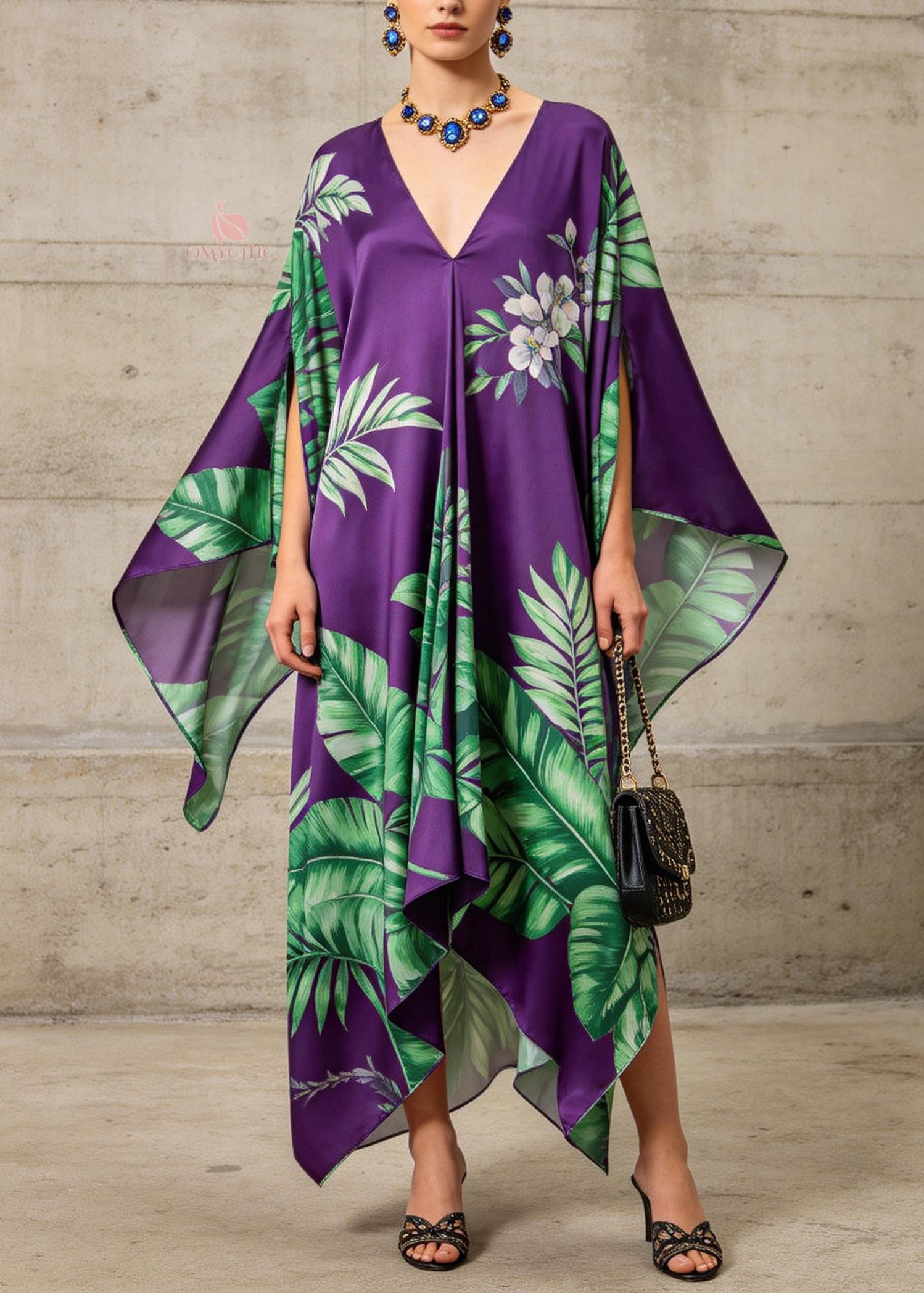 Women Purple V Neck Asymmetrical Design Print Chiffon Dress Summer - Omychic