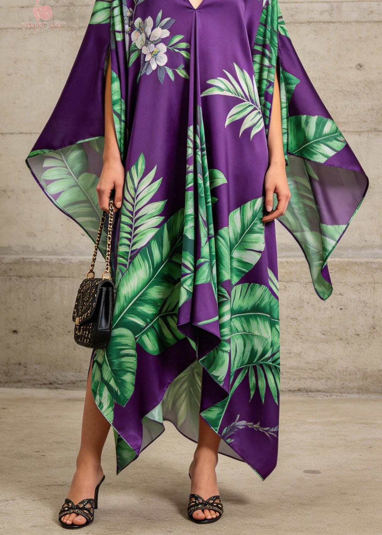 Women Purple V Neck Asymmetrical Design Print Chiffon Dress Summer - Omychic
