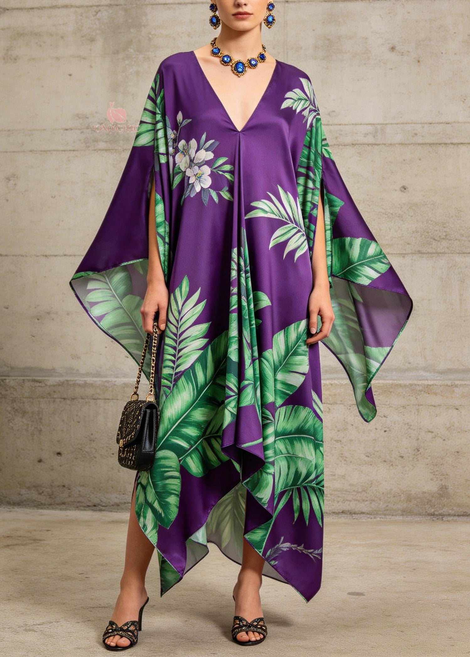 Women Purple V Neck Asymmetrical Design Print Chiffon Dress Summer - Omychic