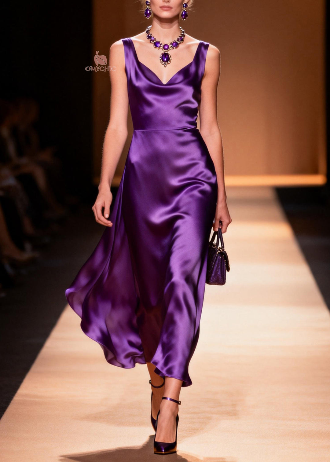 Women Purple V Neck Draping Silk Maxi Dresses Sleeveless