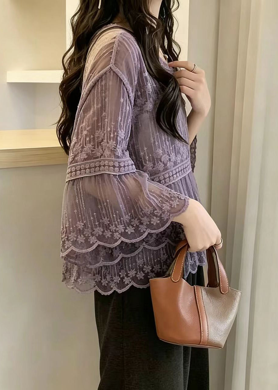 Women Purple V Neck Embroidered Lace Top Flare Sleeve