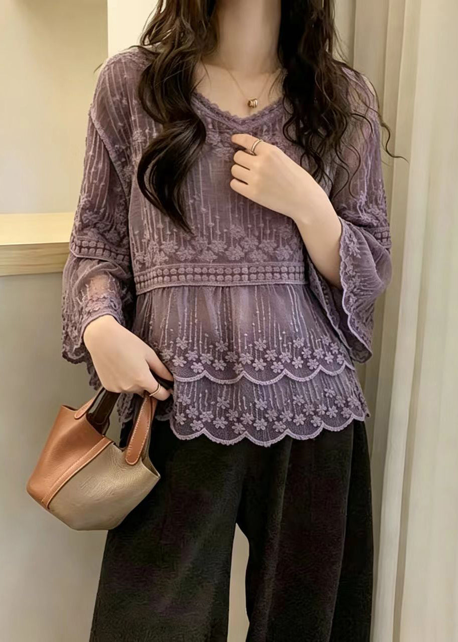 Women Purple V Neck Embroidered Lace Top Flare Sleeve