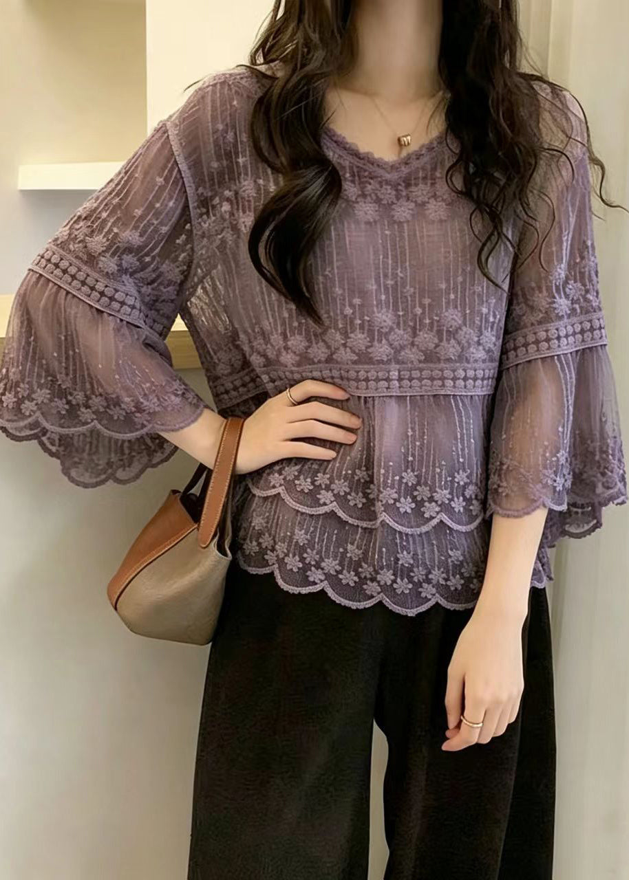 Women Purple V Neck Embroidered Lace Top Flare Sleeve