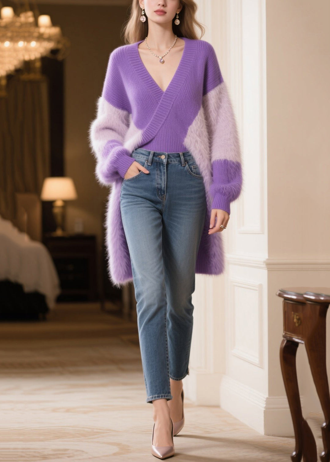 Women Purple V Neck Patchwork Faux Fur Long Sweater Winter
