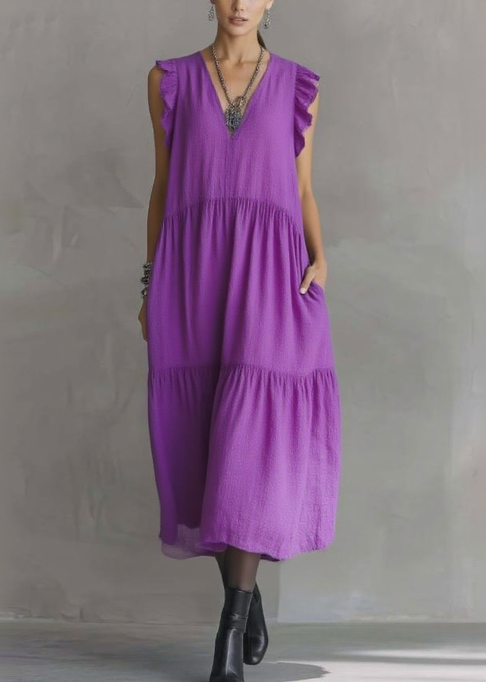 Women Purple V Neck Patchwork Party Solid Maxi Dress Butterfl Sleeve - Omychic