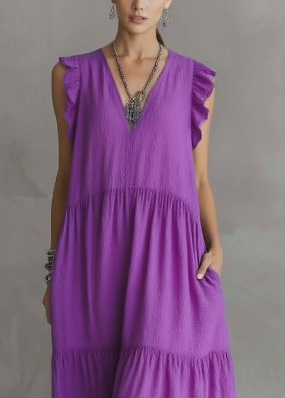 Women Purple V Neck Patchwork Party Solid Maxi Dress Butterfl Sleeve - Omychic