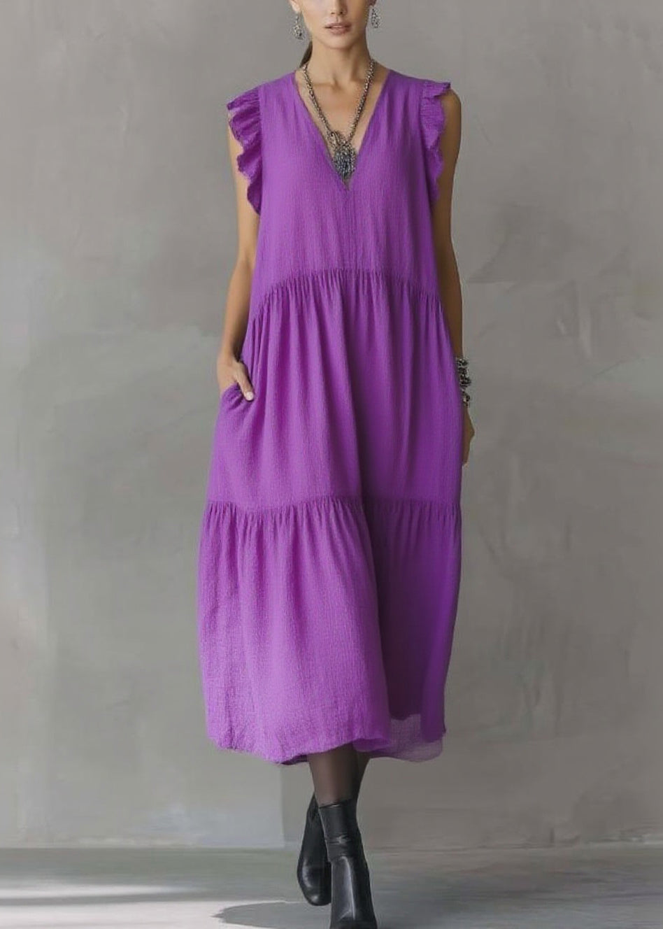 Women Purple V Neck Patchwork Party Solid Maxi Dress Butterfl Sleeve - Omychic