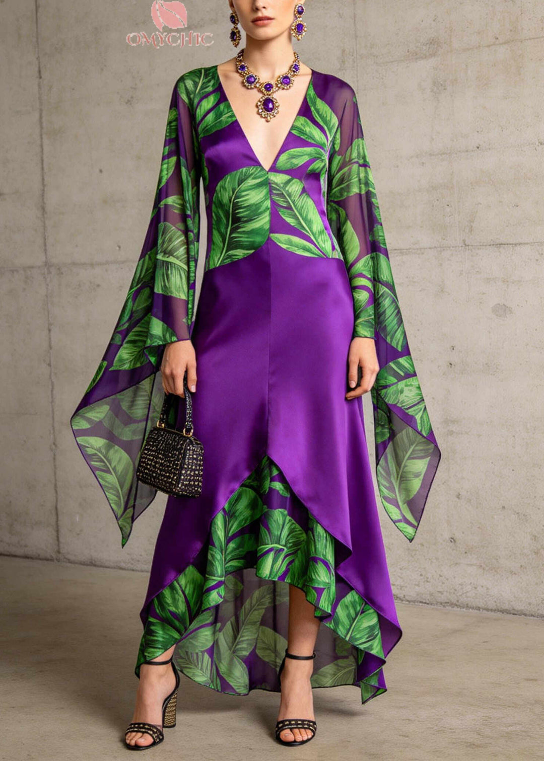 Women Purple V Neck Patchwork Print Chiffon Ankle Dress Flare Sleeve