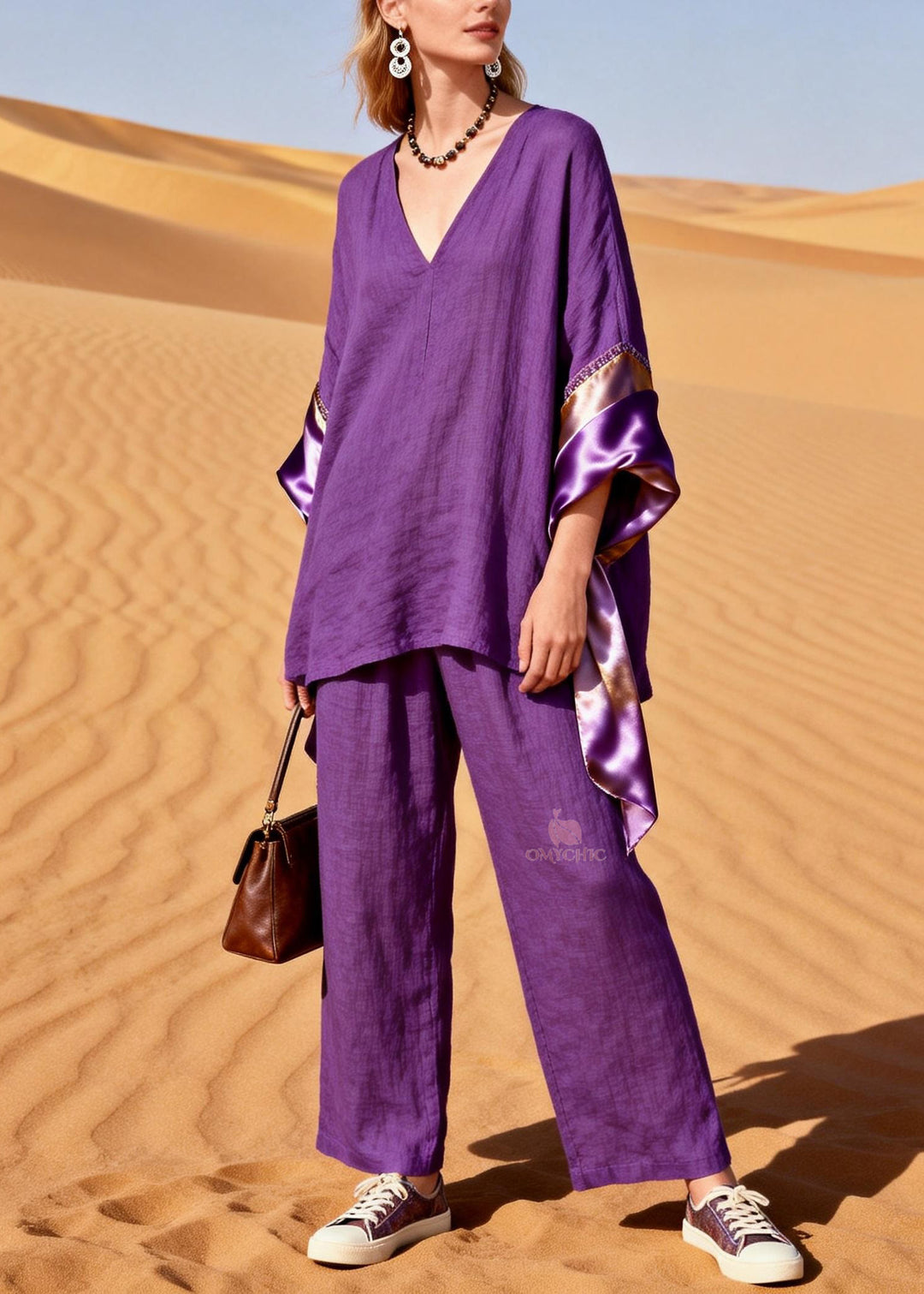 Women Purple V Neck Silk Patchwork Linen Two Pieces Set Summer