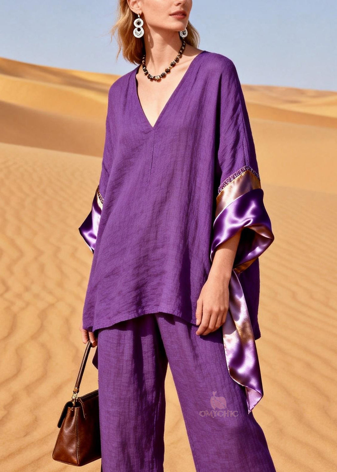 Women Purple V Neck Silk Patchwork Linen Two Pieces Set Summer