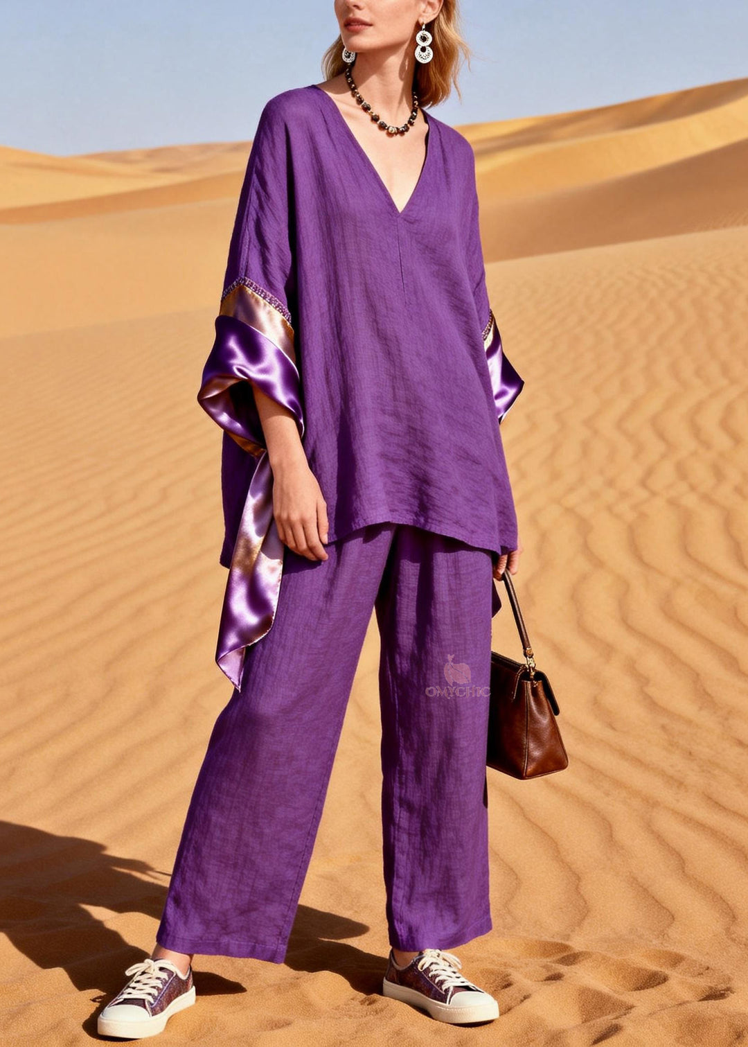 Women Purple V Neck Silk Patchwork Linen Two Pieces Set Summer