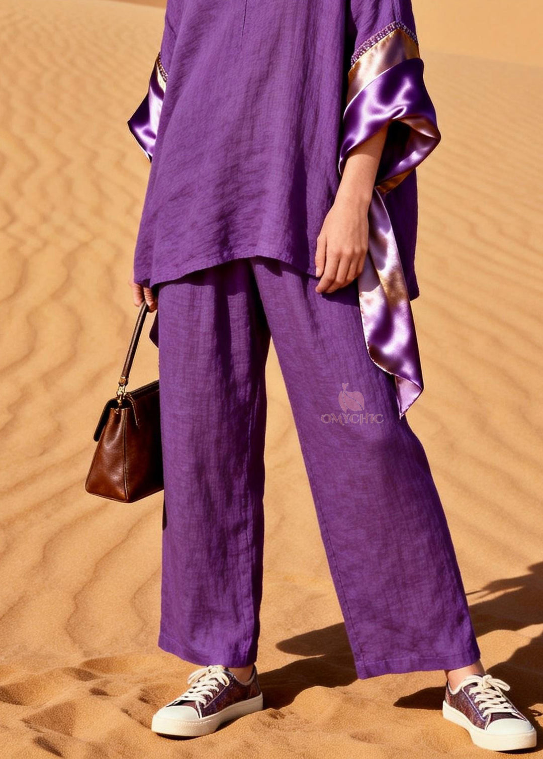 Women Purple V Neck Silk Patchwork Linen Two Pieces Set Summer