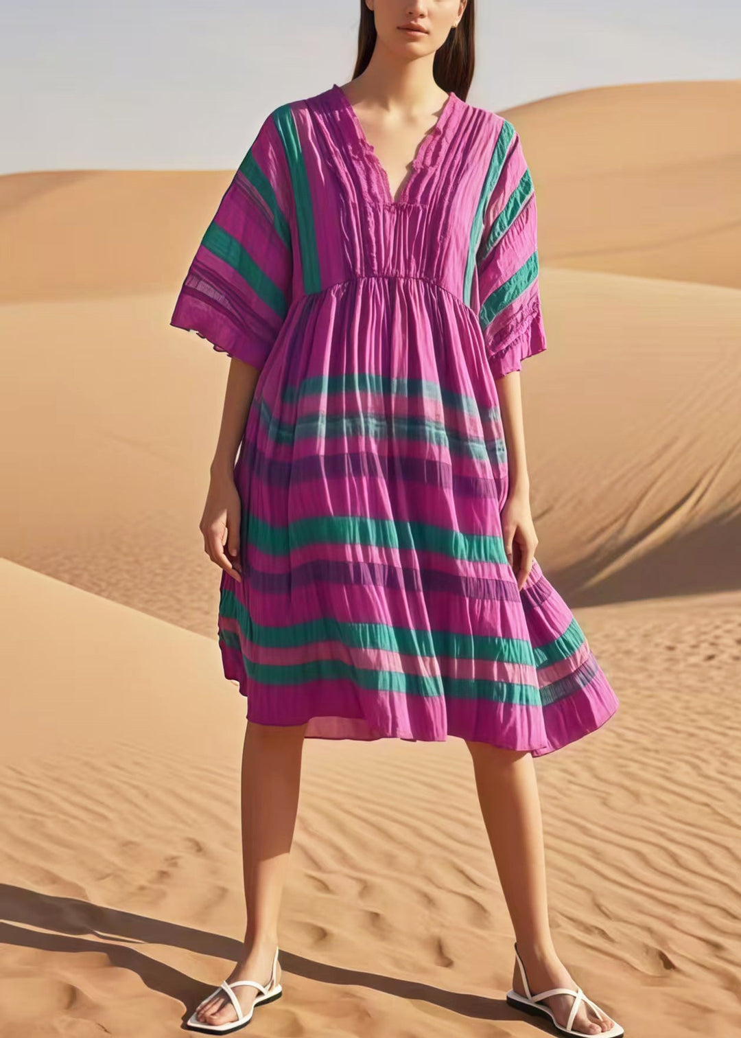 Women Purple V Neck Striped Cotton Day Dresses Summer
