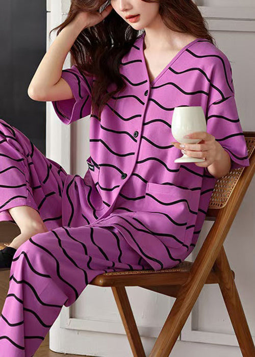 Women Purple V Neck Striped Pockets Cotton Pajamas Two Pieces Set Summer