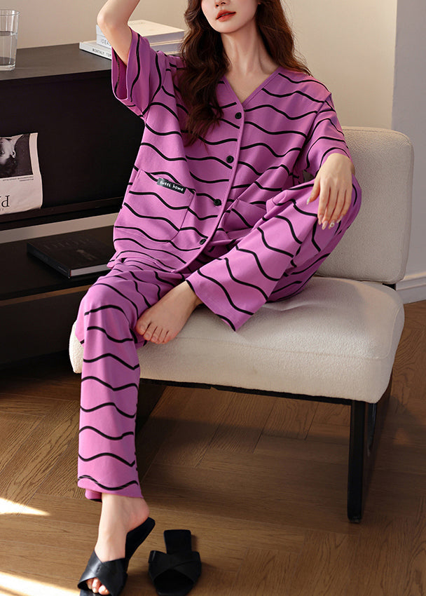 Women Purple V Neck Striped Pockets Cotton Pajamas Two Pieces Set Summer