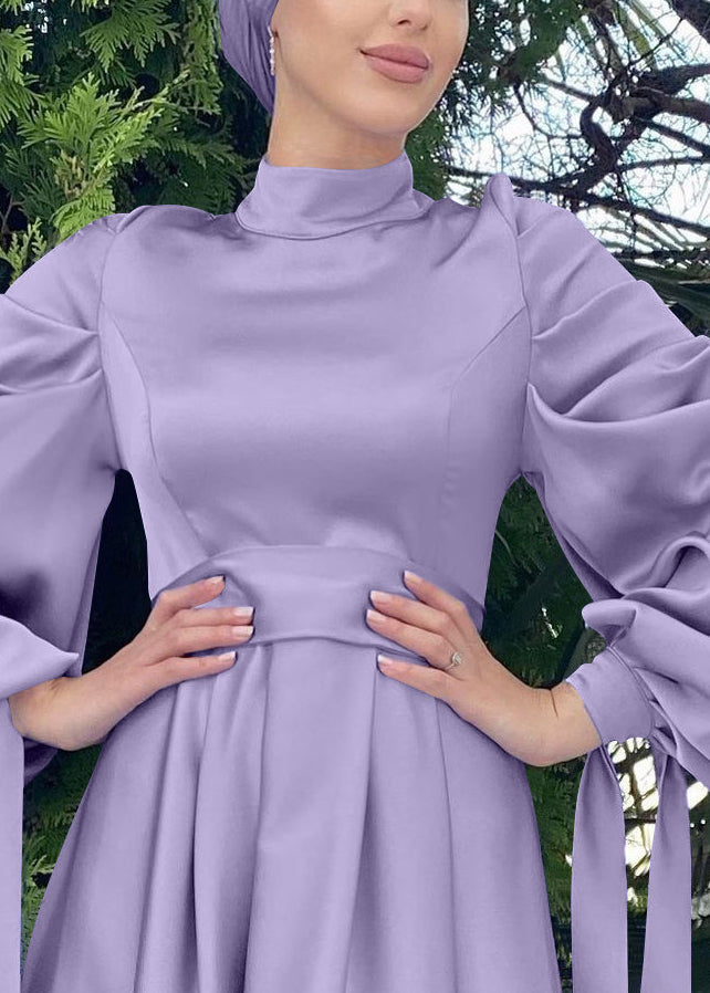 Women Purple Wrinkled Slim Fit Silk Holiday Dress Fall