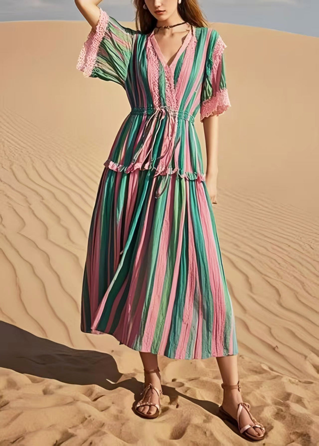 Women Rainbow Cinched Striped Cotton Holiday Dress Summer