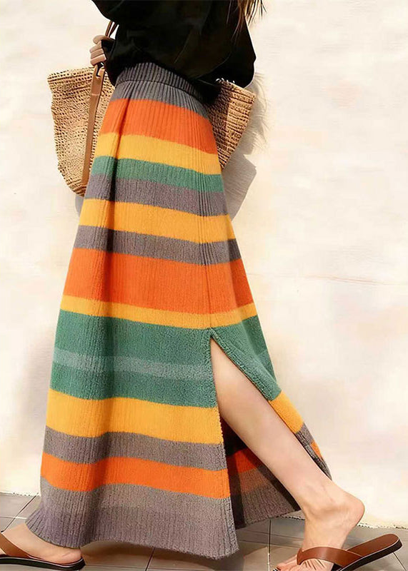 Women Rainbow Elastic Waist Side Open Knit Skirt Winter