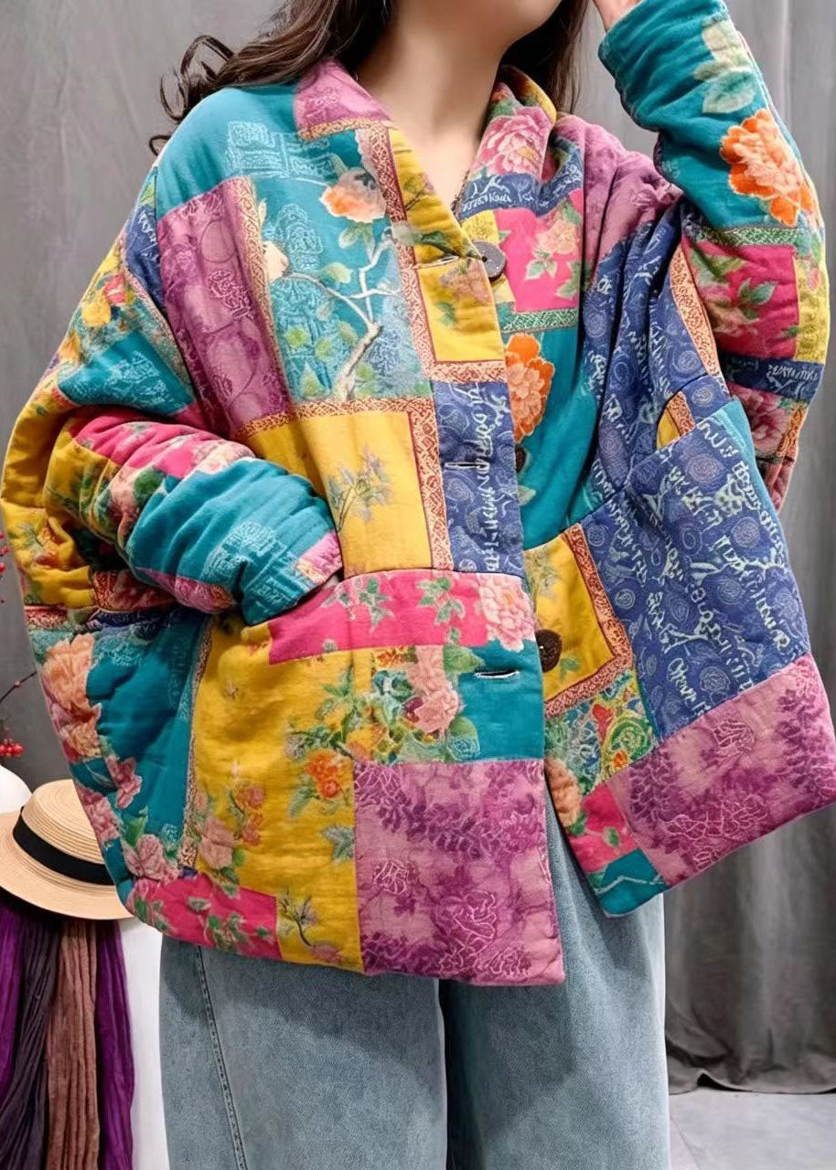 Women Rainbow Oversized Print Pockets Fine Cotton Filled Winter Coats