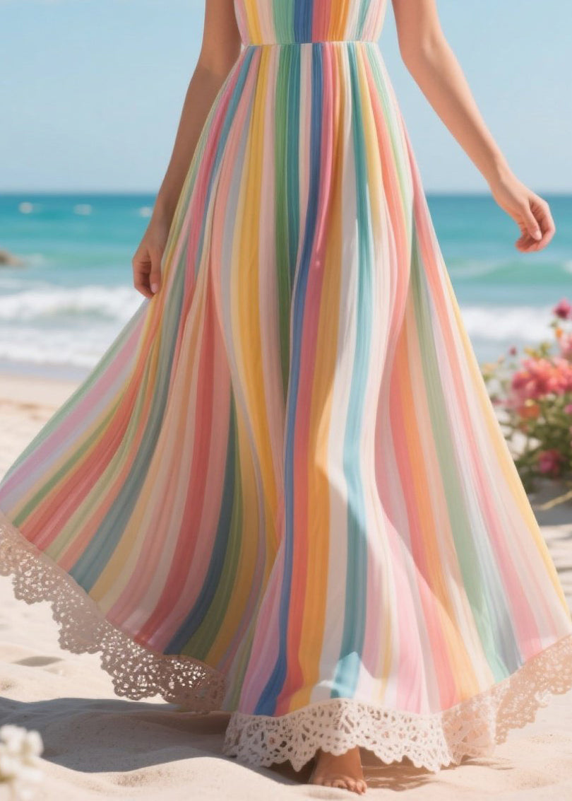 Women Rainbow Oversized Striped Chiffon Beach Dress Summer