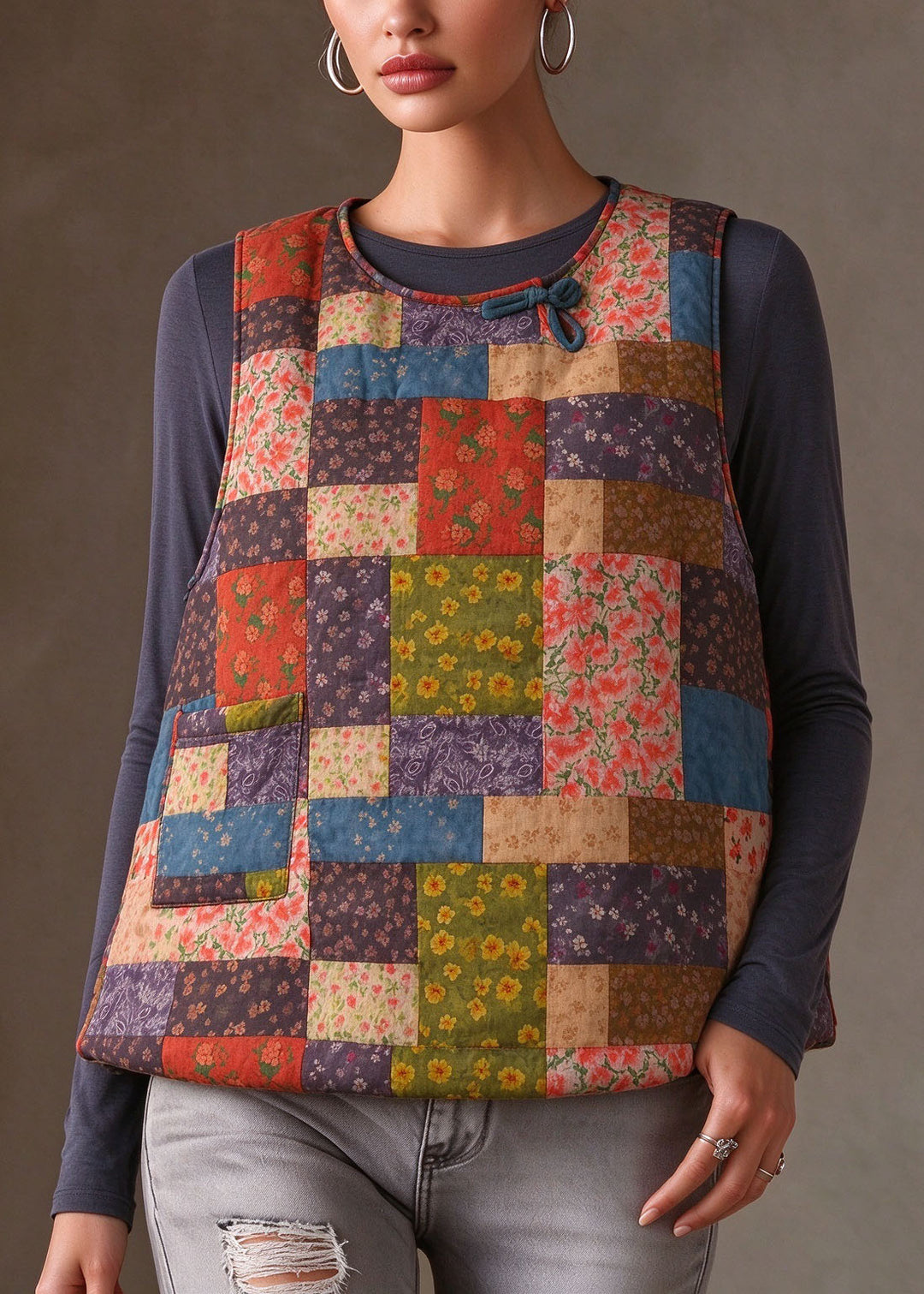 Women Rainbow Patchwork Warm Fleece Waistcoat Sleeveless