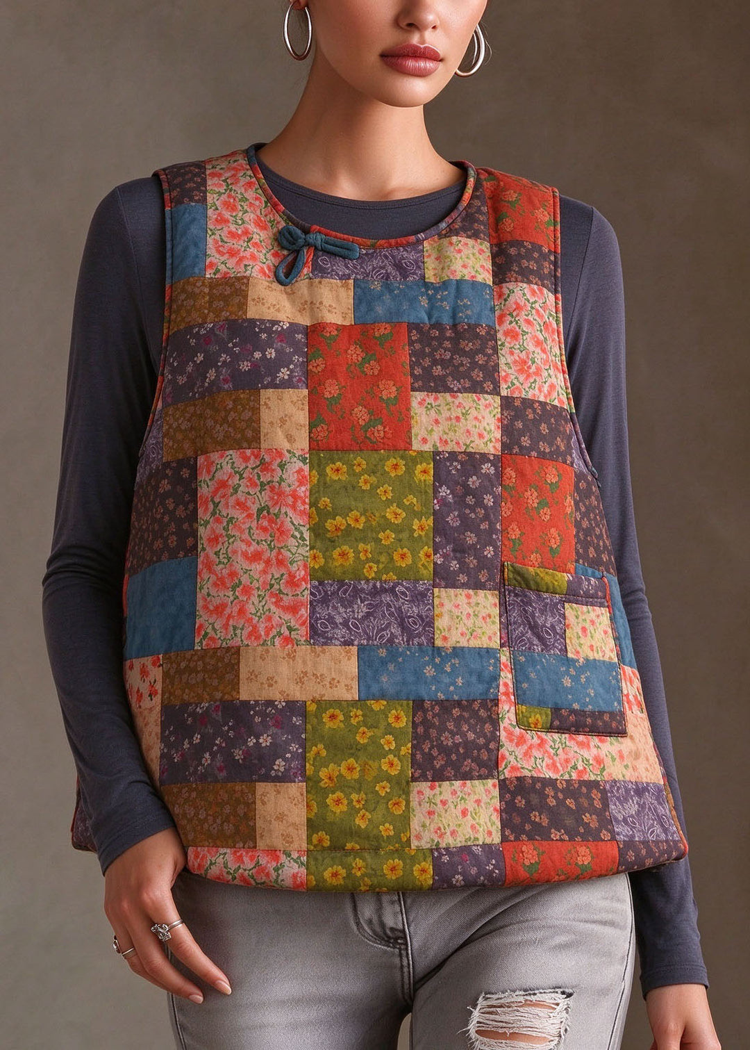 Women Rainbow Patchwork Warm Fleece Waistcoat Sleeveless