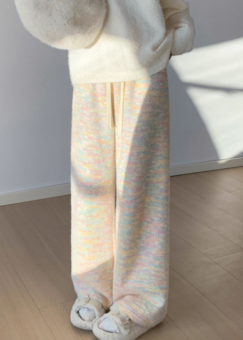 Women Rainbow Print Elastic Waist Warm Fleece Straight Pants Winter
