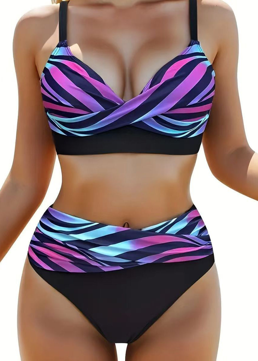 Women Rainbow Striped Patchwork Swimwear Set