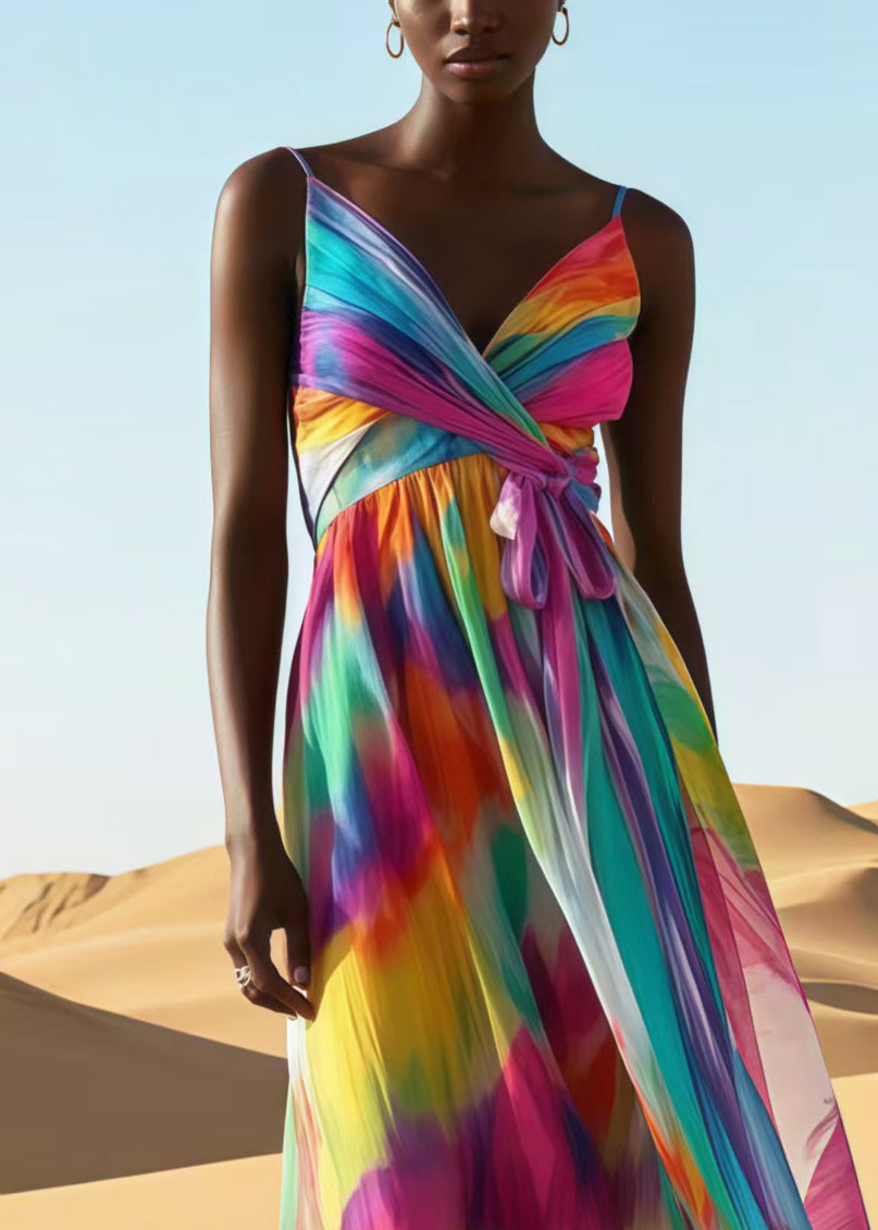 Women Rainbow Tie Dye Chiffon Spaghetti Strap Dress Summer