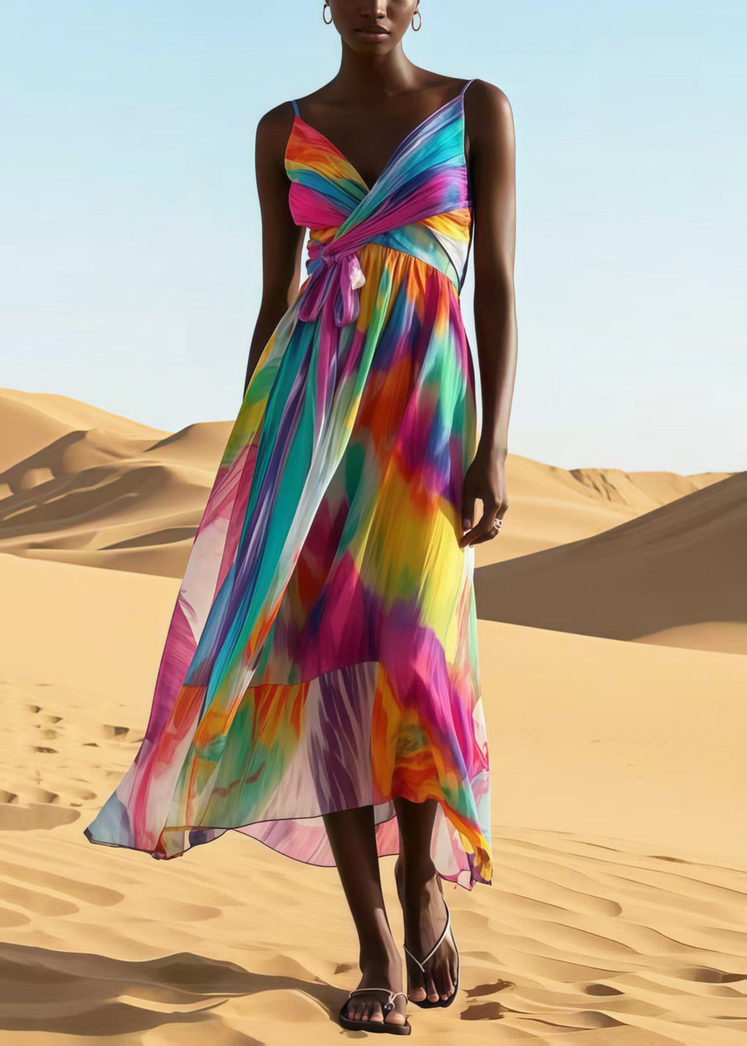Women Rainbow Tie Dye Chiffon Spaghetti Strap Dress Summer