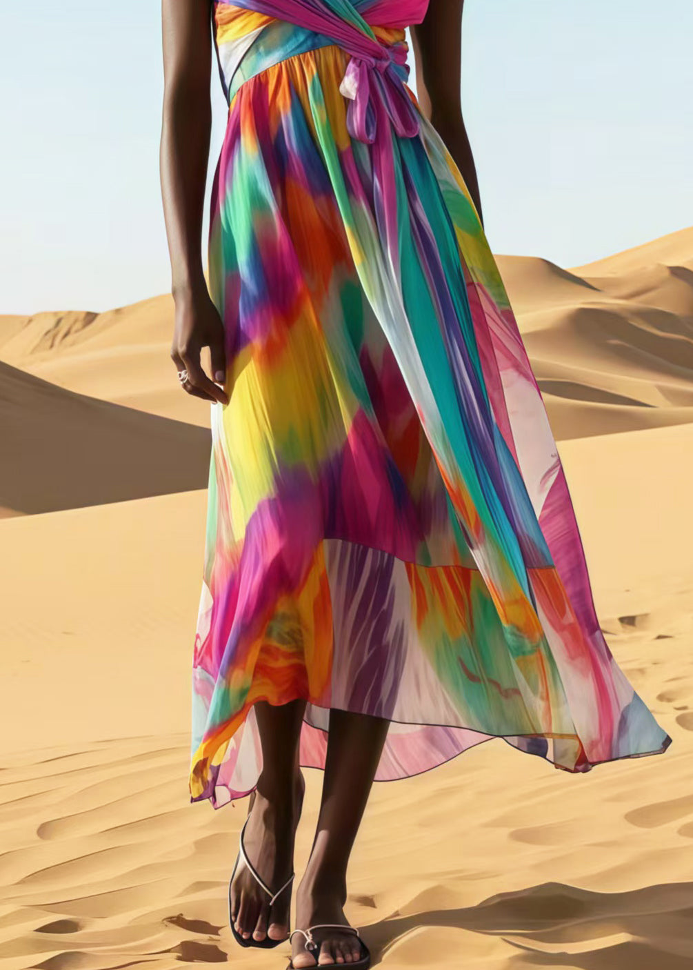 Women Rainbow Tie Dye Chiffon Spaghetti Strap Dress Summer