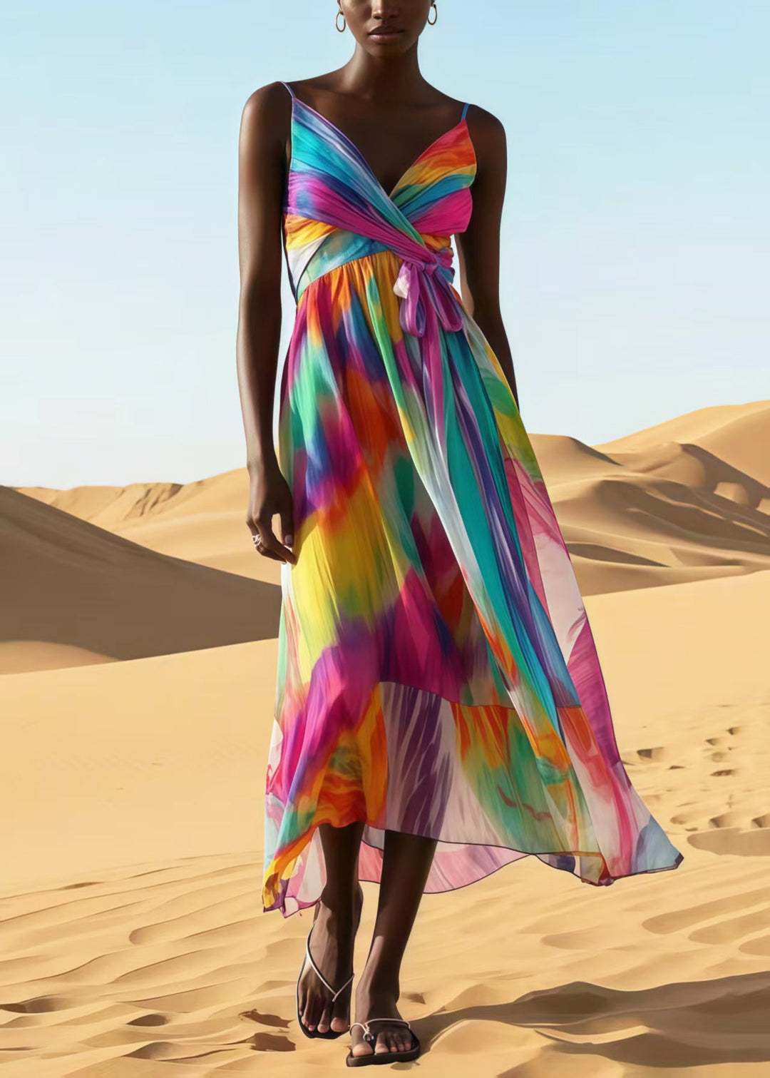 Women Rainbow Tie Dye Chiffon Spaghetti Strap Dress Summer