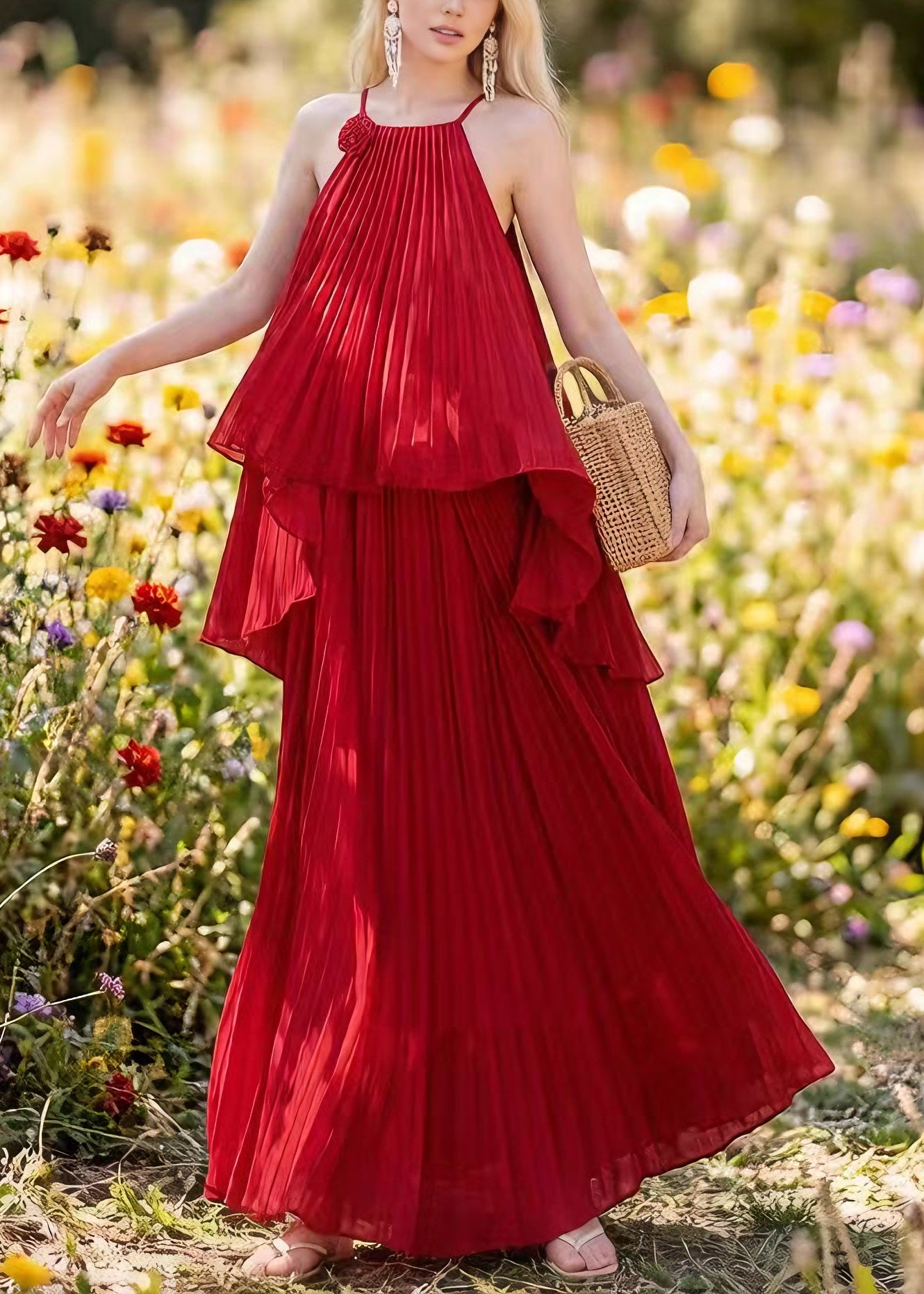 Women Red Asymmetrical Floral Pleated Chiffon Two Pieces Set Summer - Omychic