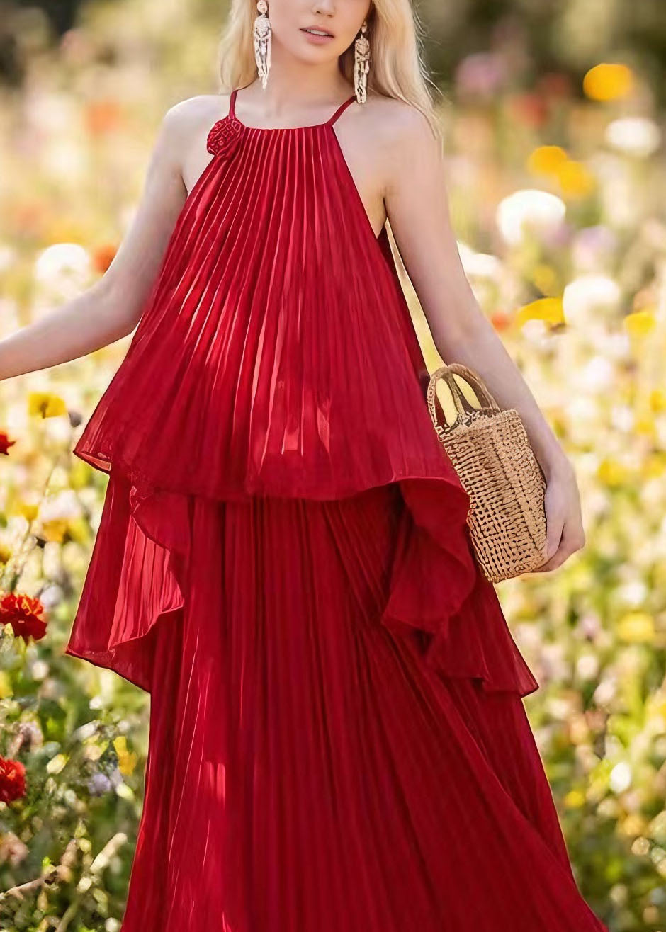 Women Red Asymmetrical Floral Pleated Chiffon Two Pieces Set Summer - Omychic