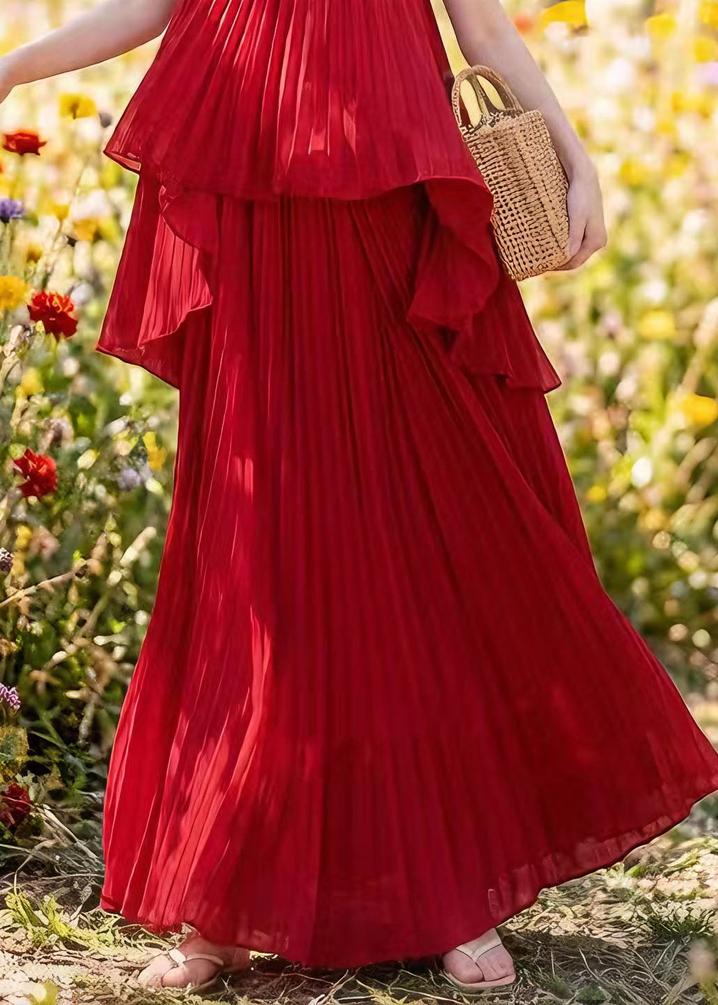 Women Red Asymmetrical Floral Pleated Chiffon Two Pieces Set Summer - Omychic