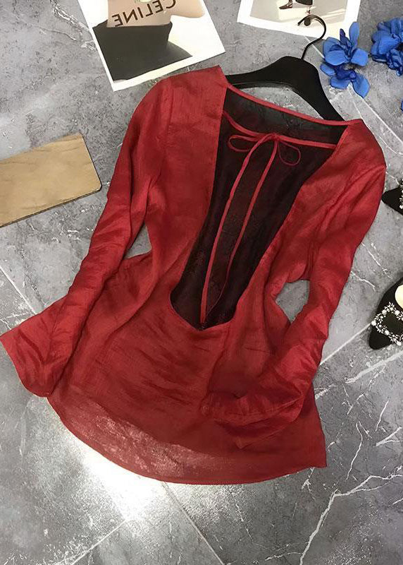 Women Red Back Lace Up Patchwork Cotton Tops Fall