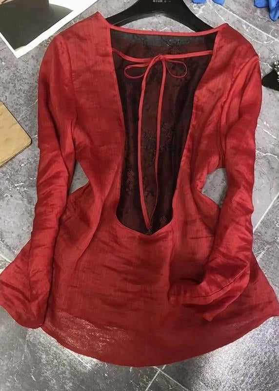 Women Red Back Lace Up Patchwork Cotton Tops Fall