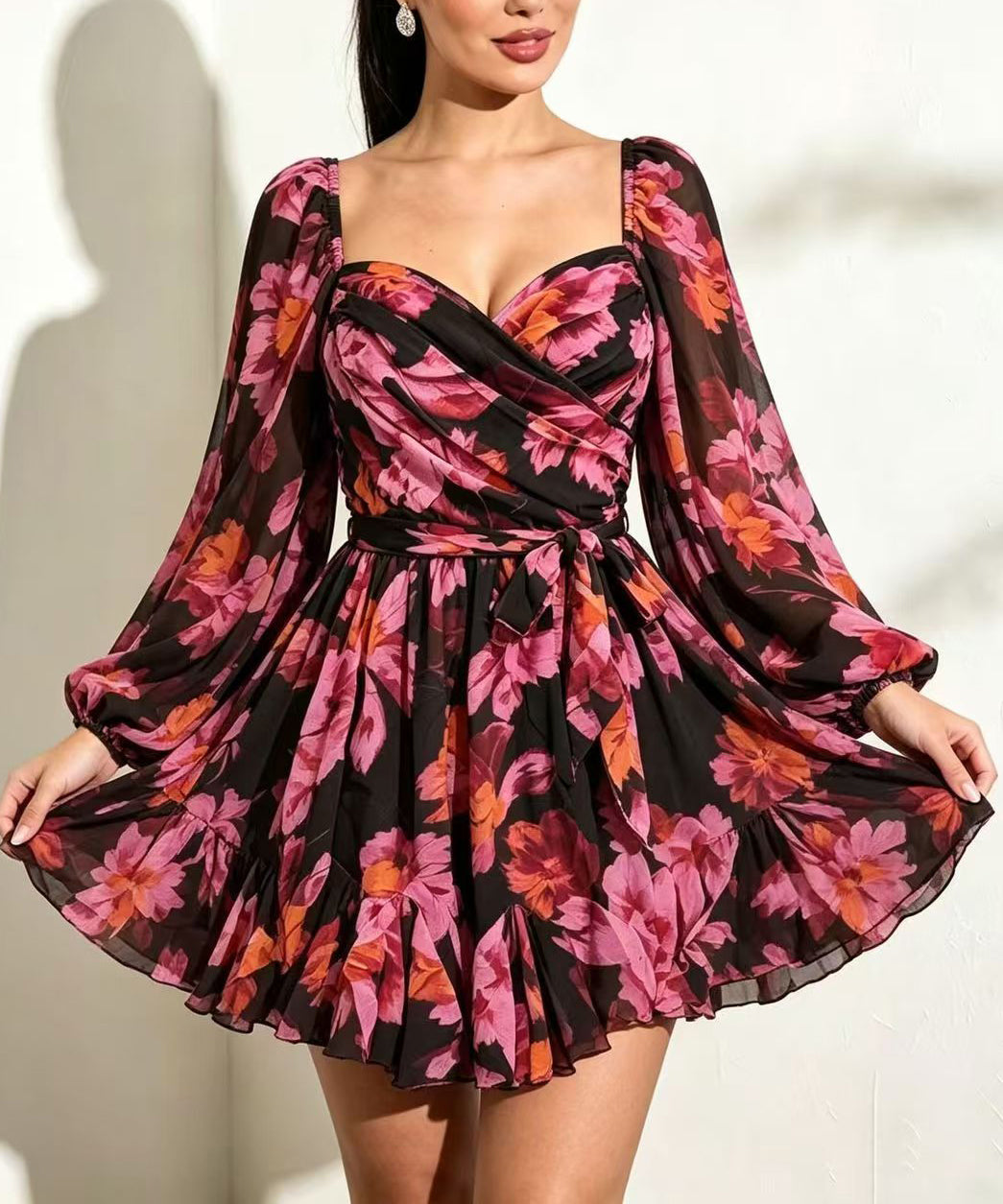 Women Red Backless Print Chiffon Tea Dress Summer