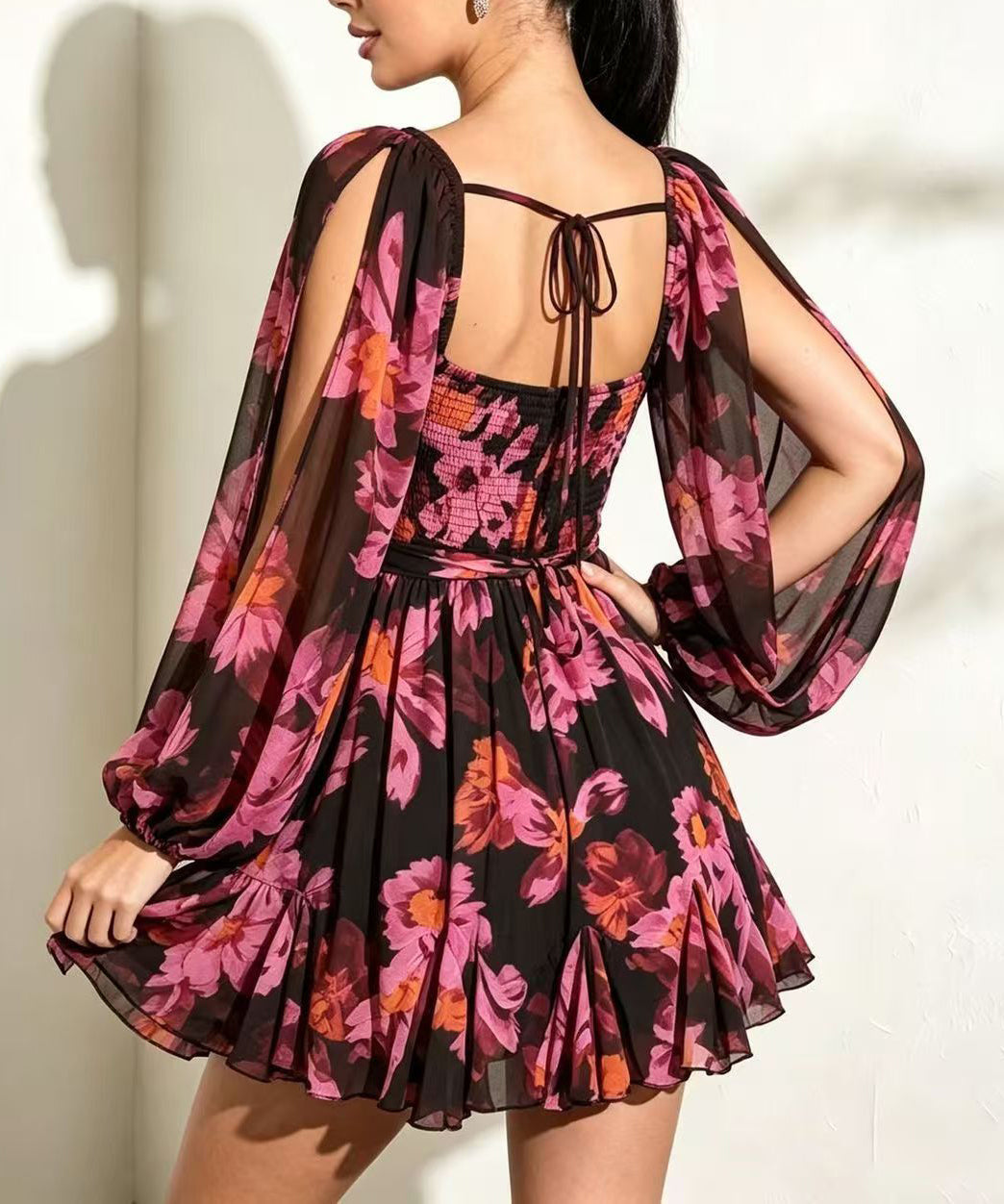 Women Red Backless Print Chiffon Tea Dress Summer